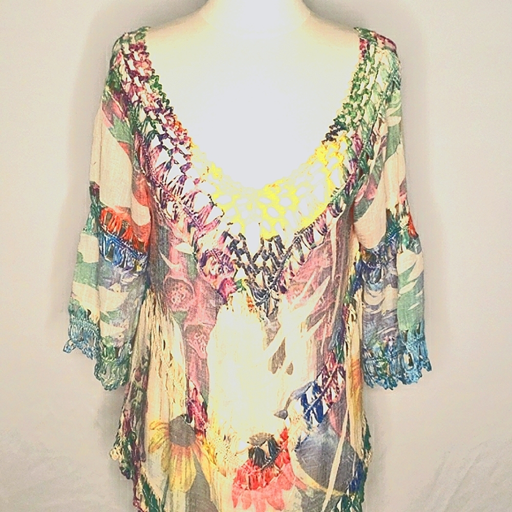 Anthropologie Dor Dor Couture Crochet Rainbow Print Tunic Top Size S - Picture 3 of 6